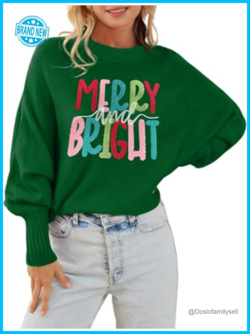 Merry and Bright Graphic Batwing Sleeve Pullover Sweater Loose Fit